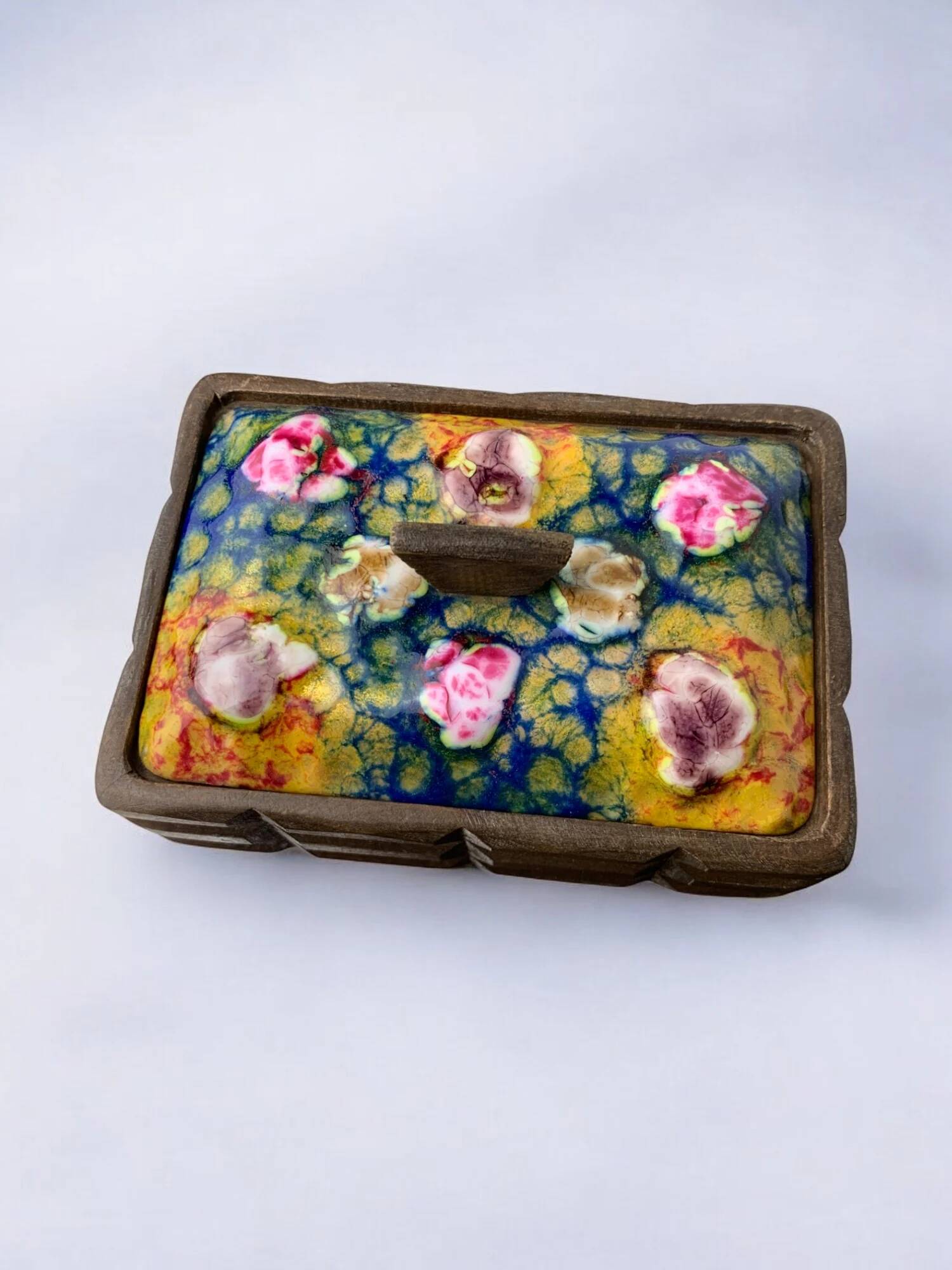 Modernist wood and enamel vanity box by J. Capo Esmaltes, 1970, Spain