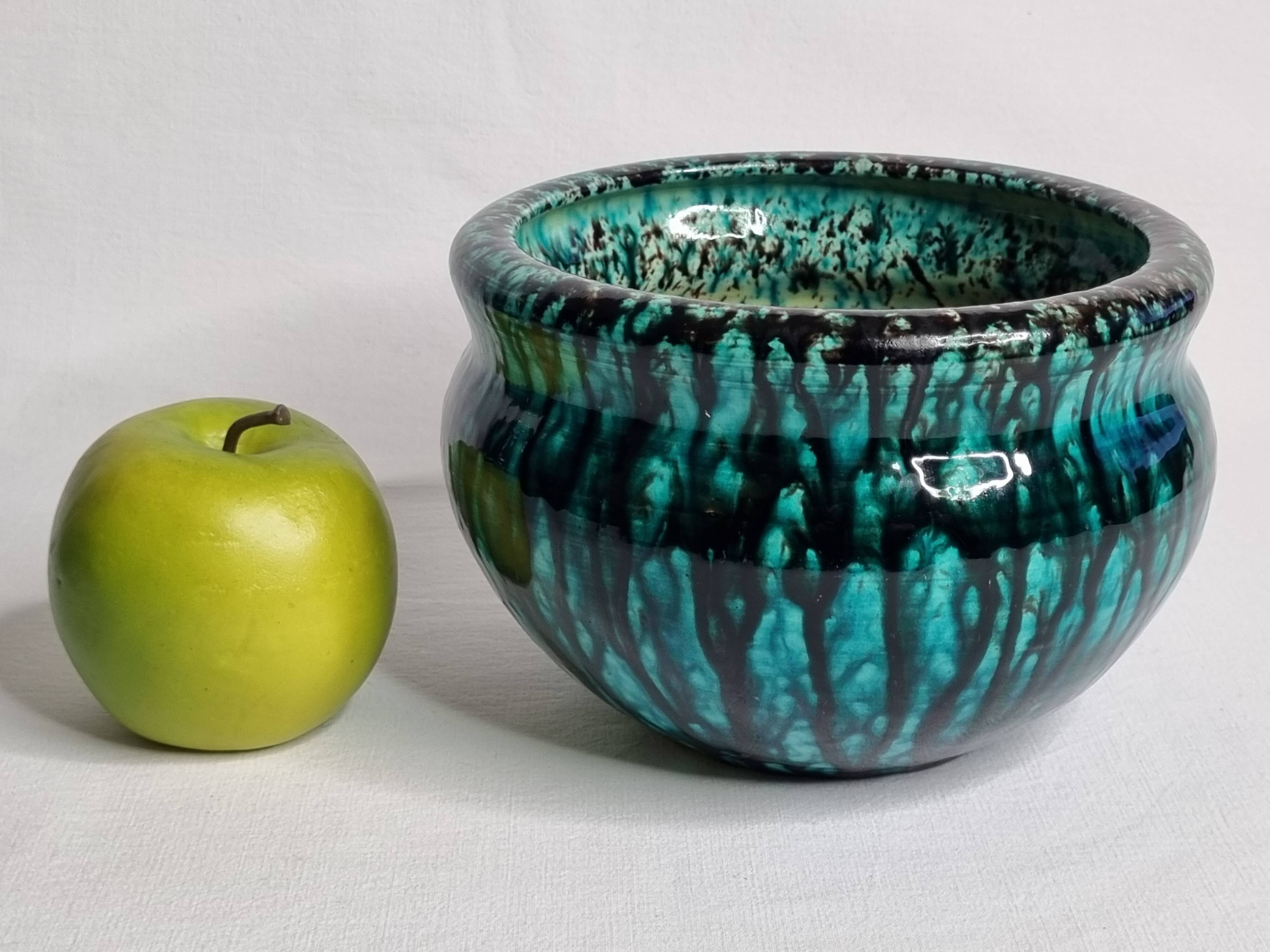 Turquoise and black glazed stoneware bowl – signed Accolay