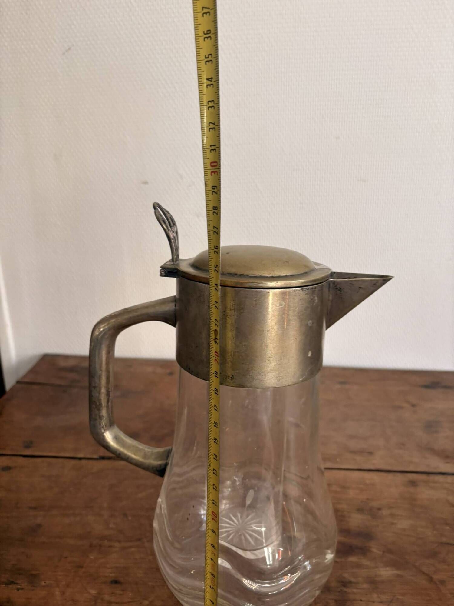 Chiller pitcher, lemonade jug, silver metal glass, Art Nouveau wine carafe.