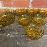 Salad bowl + 6 vintage amber orange moulded glass bowls from the 1970s.