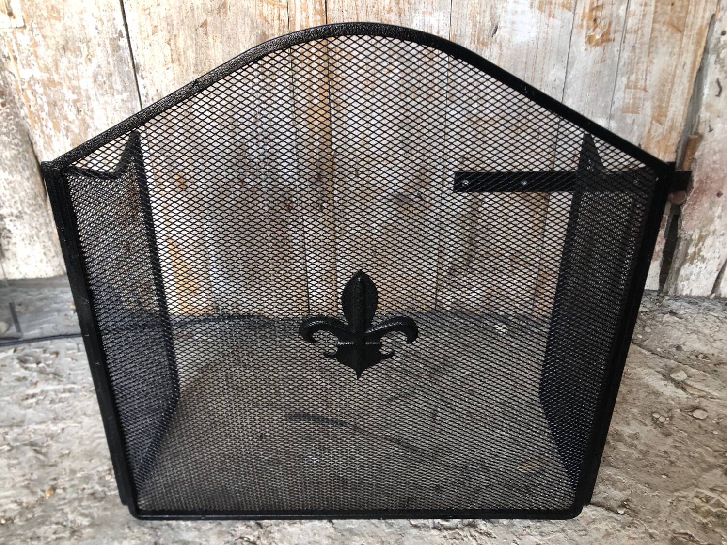 Grilled Fire Screen Fireplace 3 Shutters Black Metal Fleurs De Lys Vintage #A344