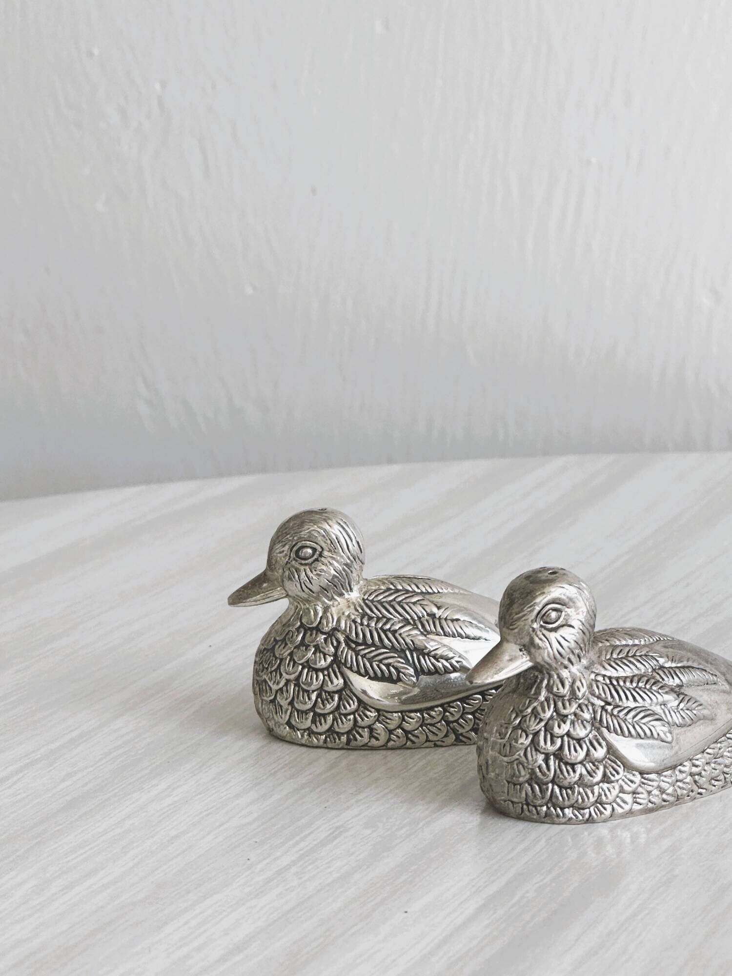Silver plated duck shaped salt and pepper shakers