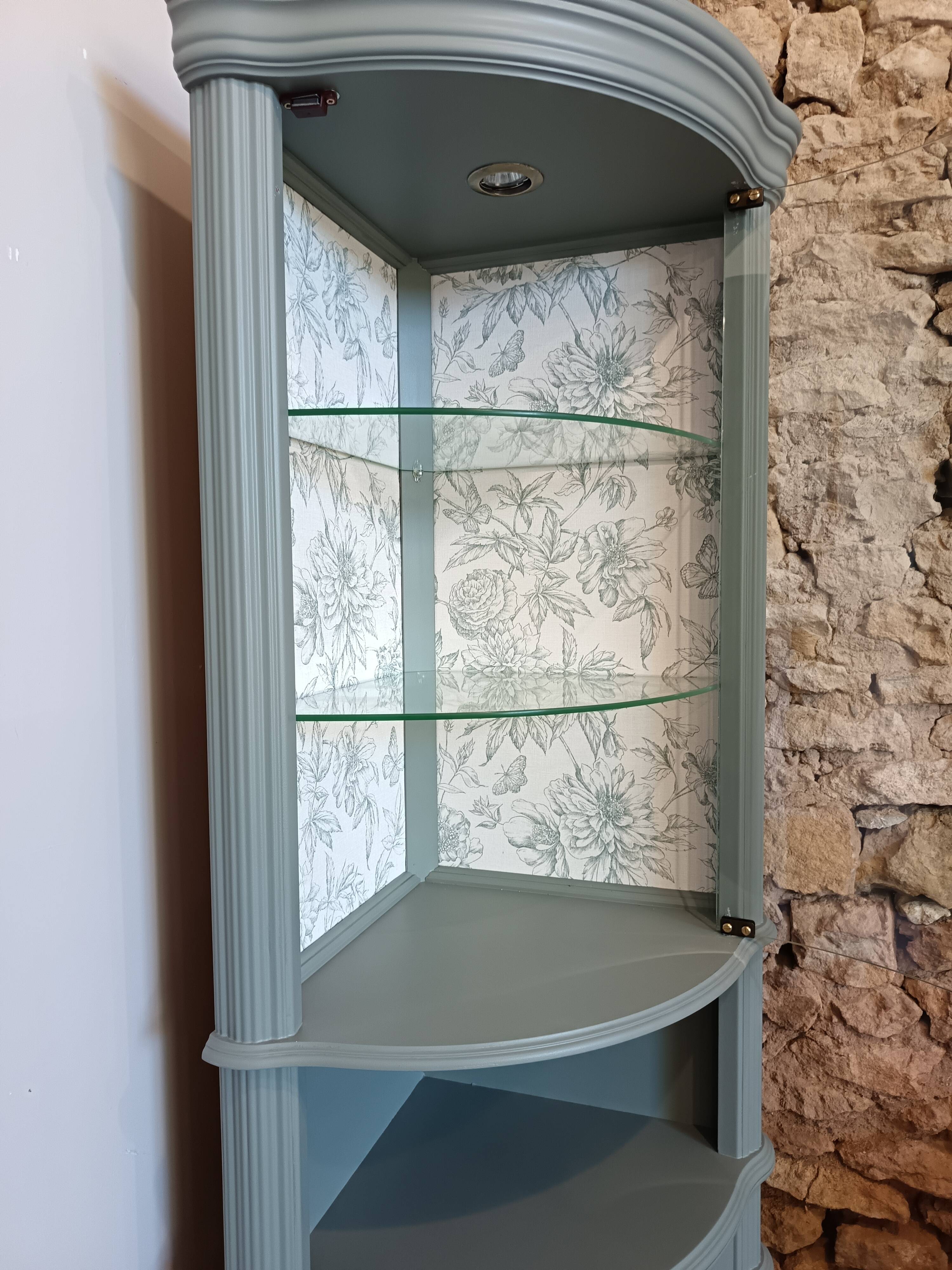 Vitrine vaisselier d'angle vert bronze