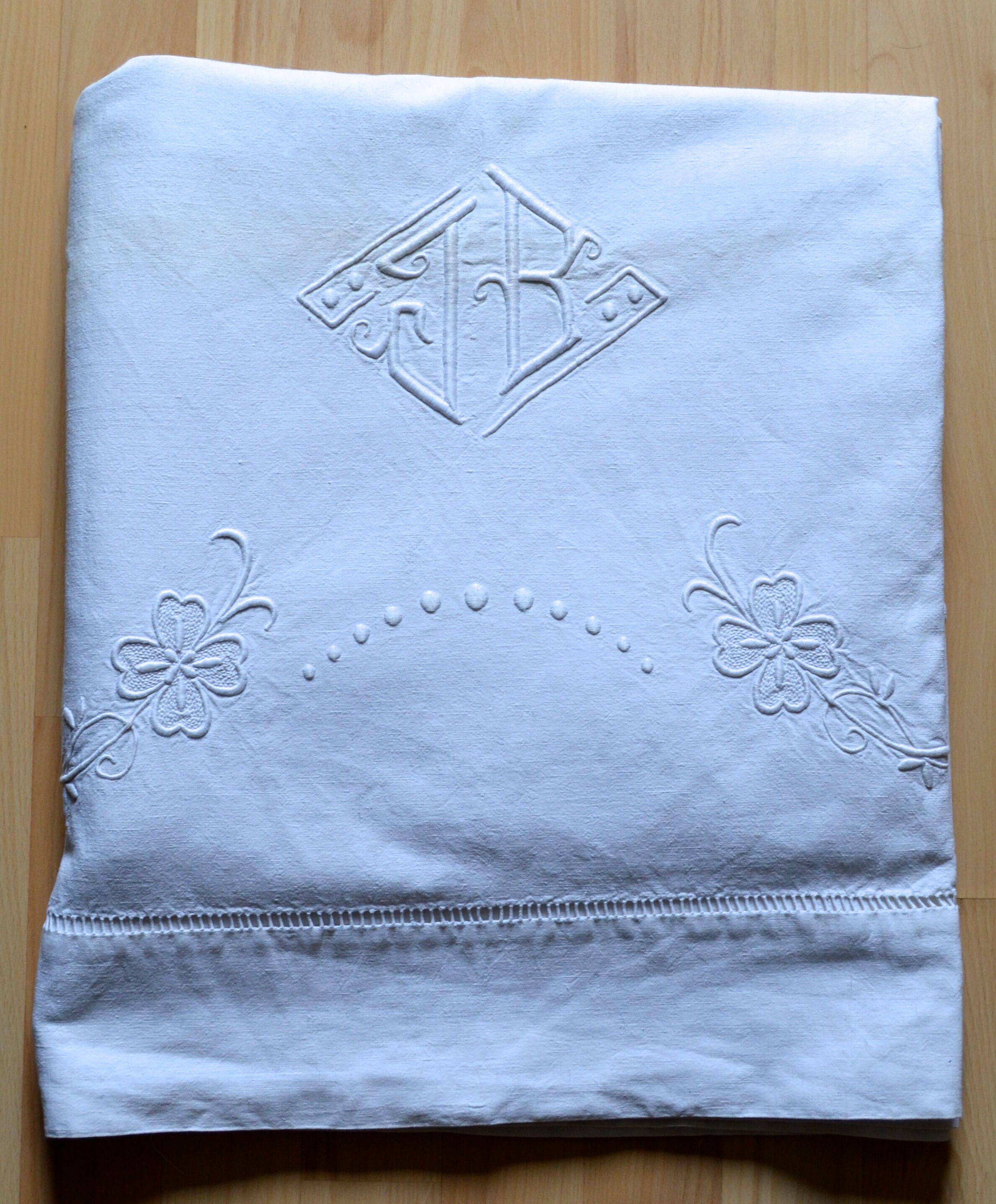 Old linen dish cloth, embroidered Monogram "JB"