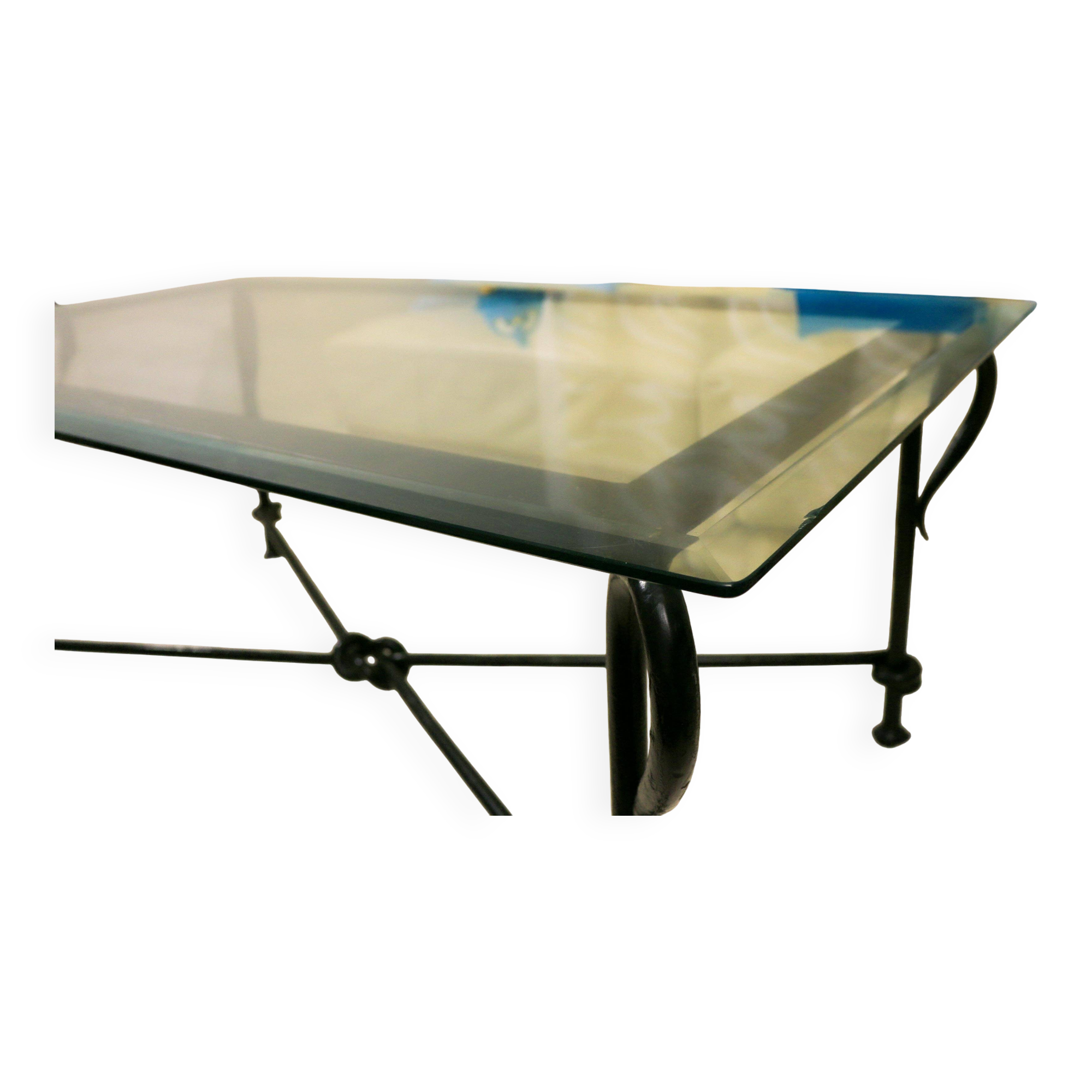 Table basse vintage – verre biseauté & fer forgé – 119×69×44 cm