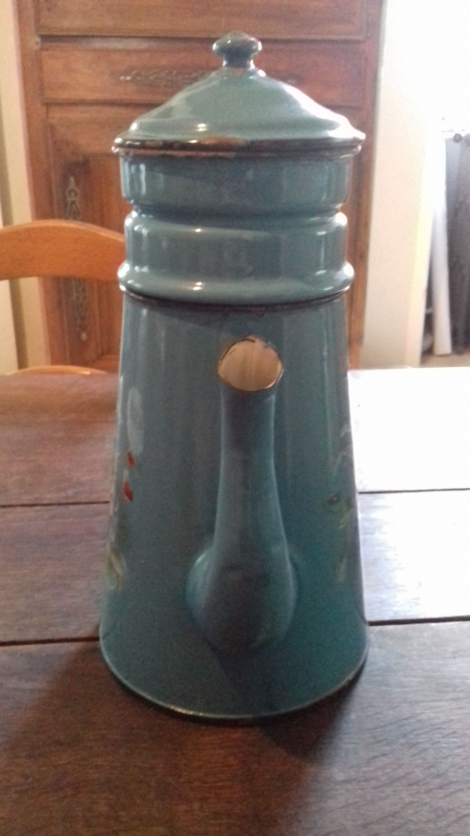 Blue enamelled coffee maker floral pattern