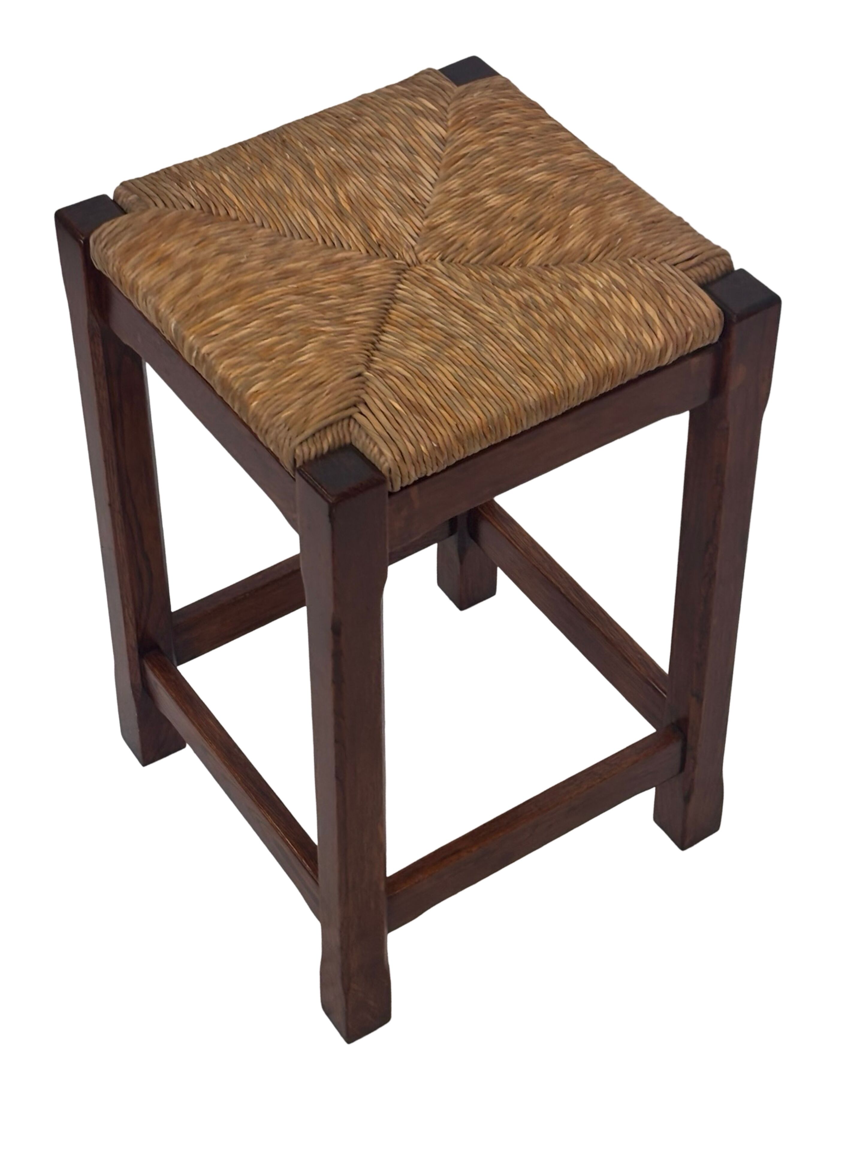 Vintage rattan stool with oak, 60s wabi sabi design, minimalist