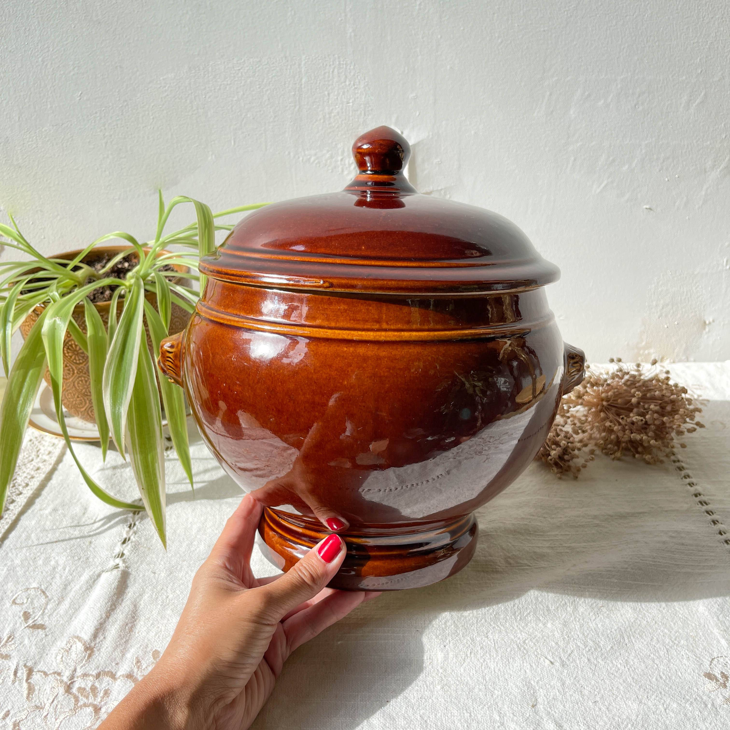 Vintage brown glazed stoneware onion soup tureen