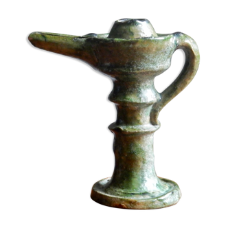 Tamegroute oil lamp, artisanal pottery from Morocco in green terracotta