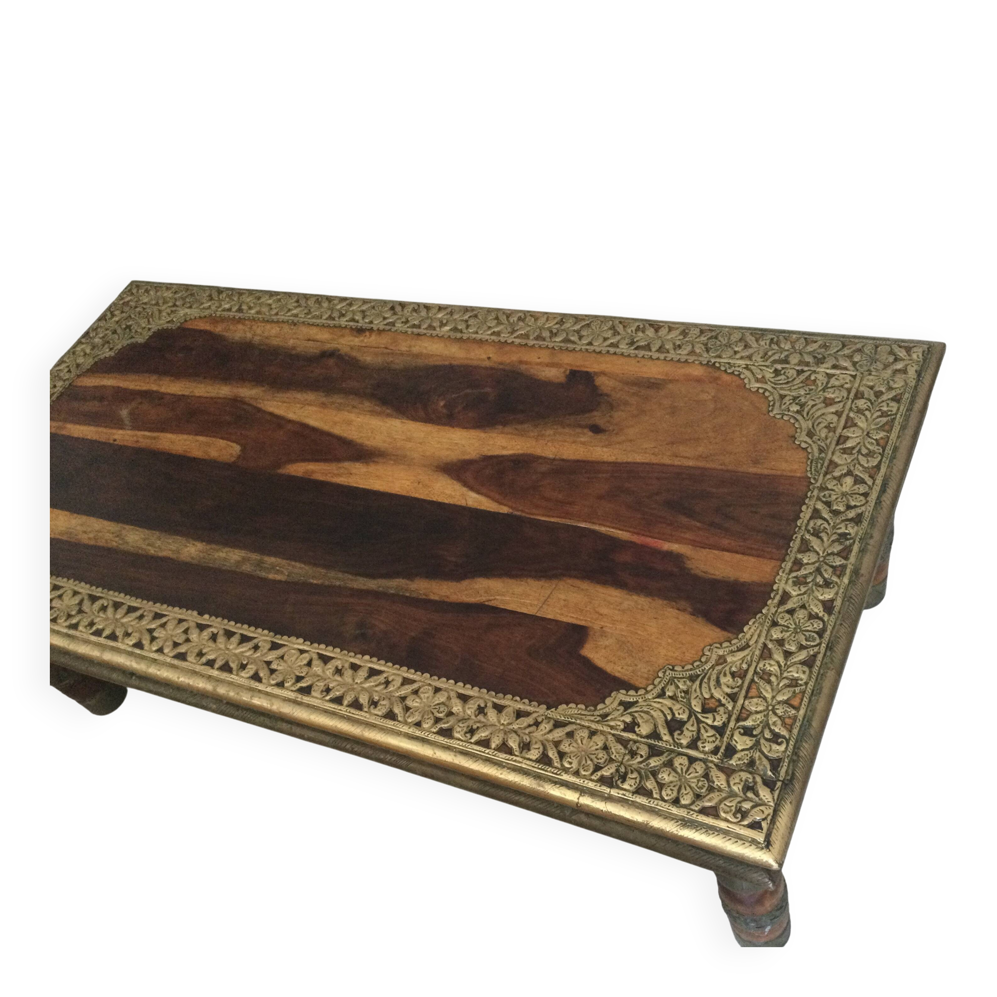 Large vintage Indian coffee table made of solid sheesham wood and brass.