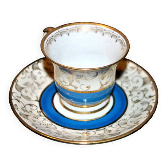 Vintage limoges porcelain cup by faye & fils - blue frieze and gold volute