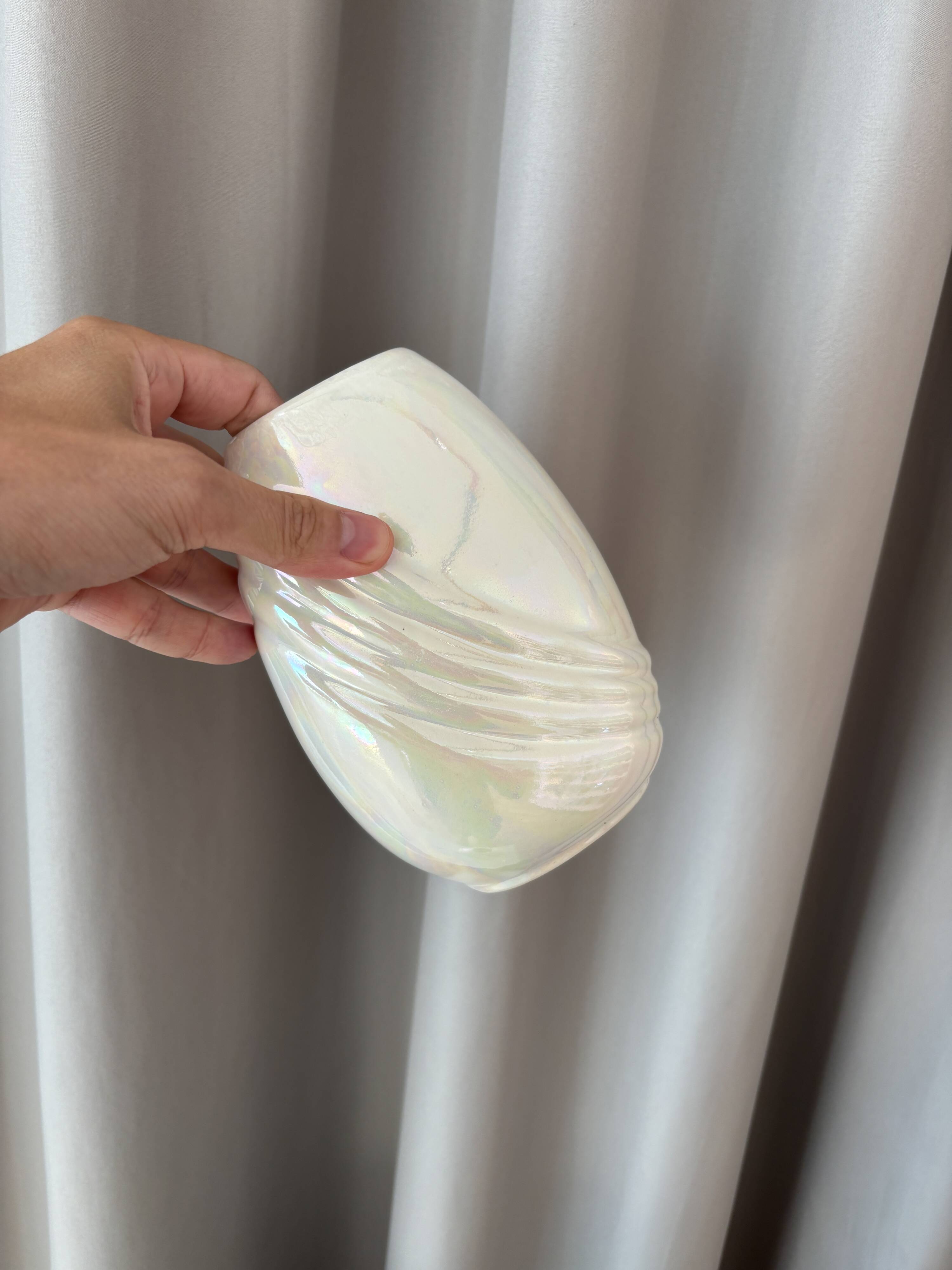 Pair of vintage iridescent white ceramic vases