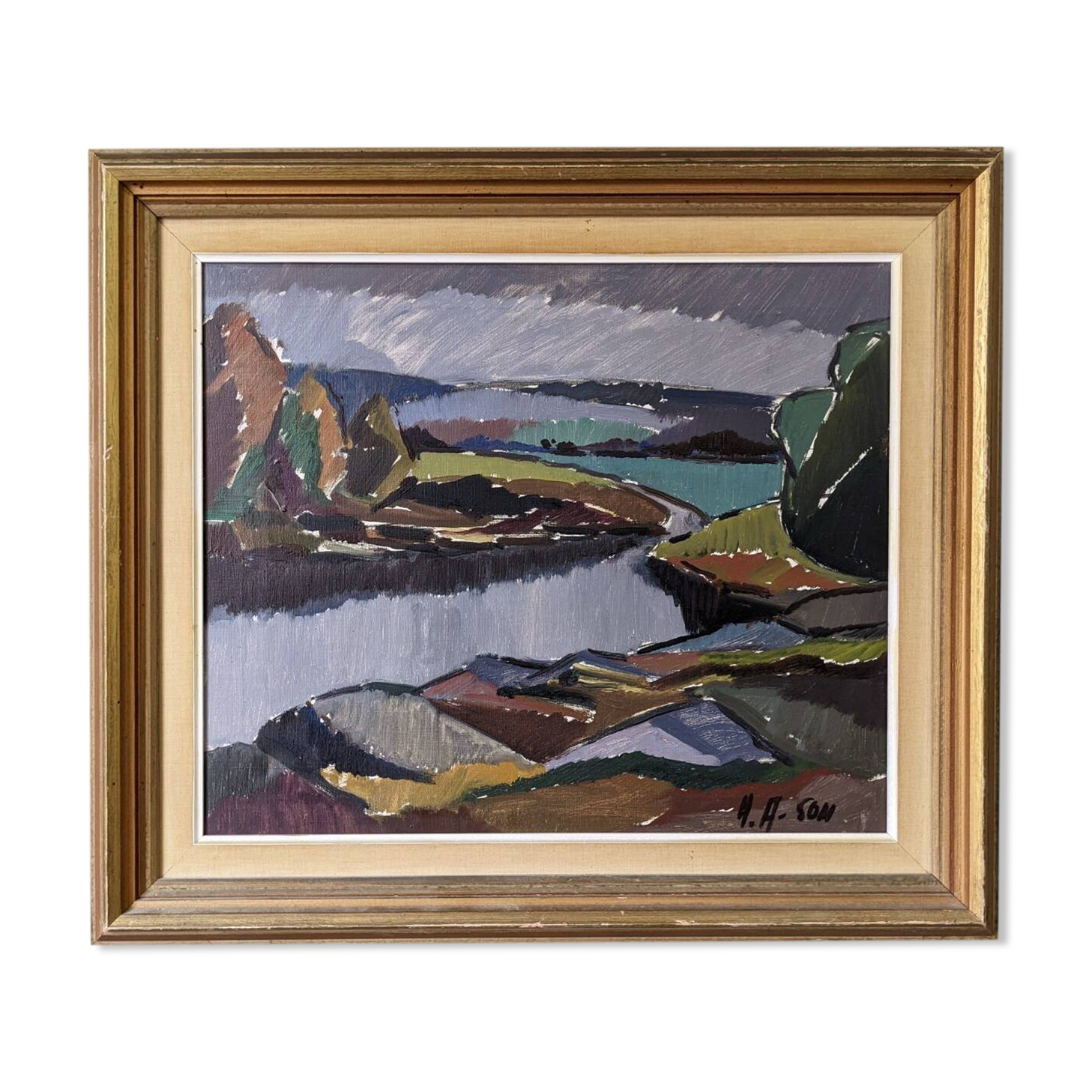 Mid-Century Modern "Meander" Vintage Expressionist River Landscape Oil Painting, Framed