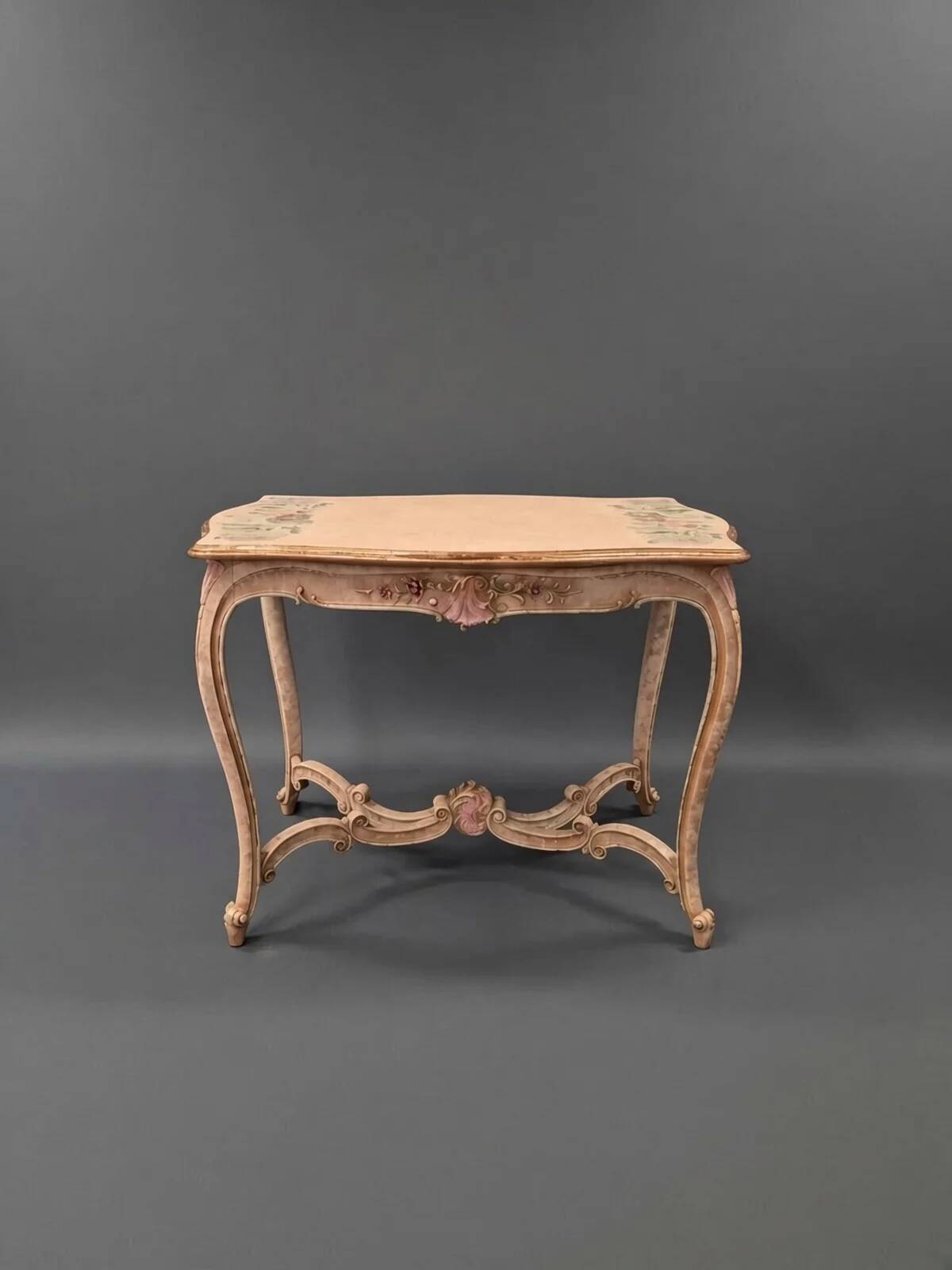 Vintage French provincial painted table | Shabby chic floral console table | Ornate rococo vanity desk with hand-painted roses