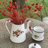 Coffee pot, in enamelled iron with patterns of red roses and white flowers, with filter, old