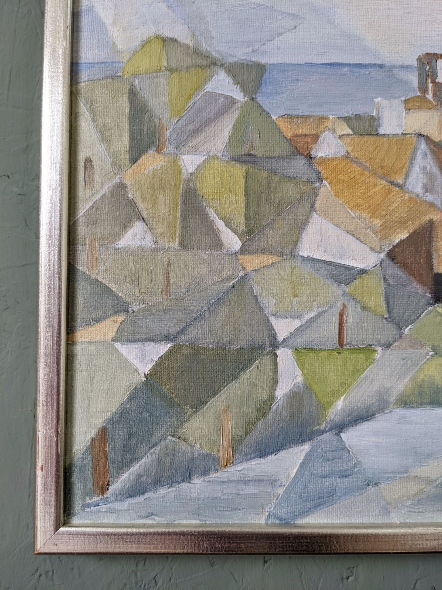 Framed Modernist Swedish Oil Painting "Cubist Coastal Town"
