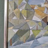 Framed Modernist Swedish Oil Painting "Cubist Coastal Town"