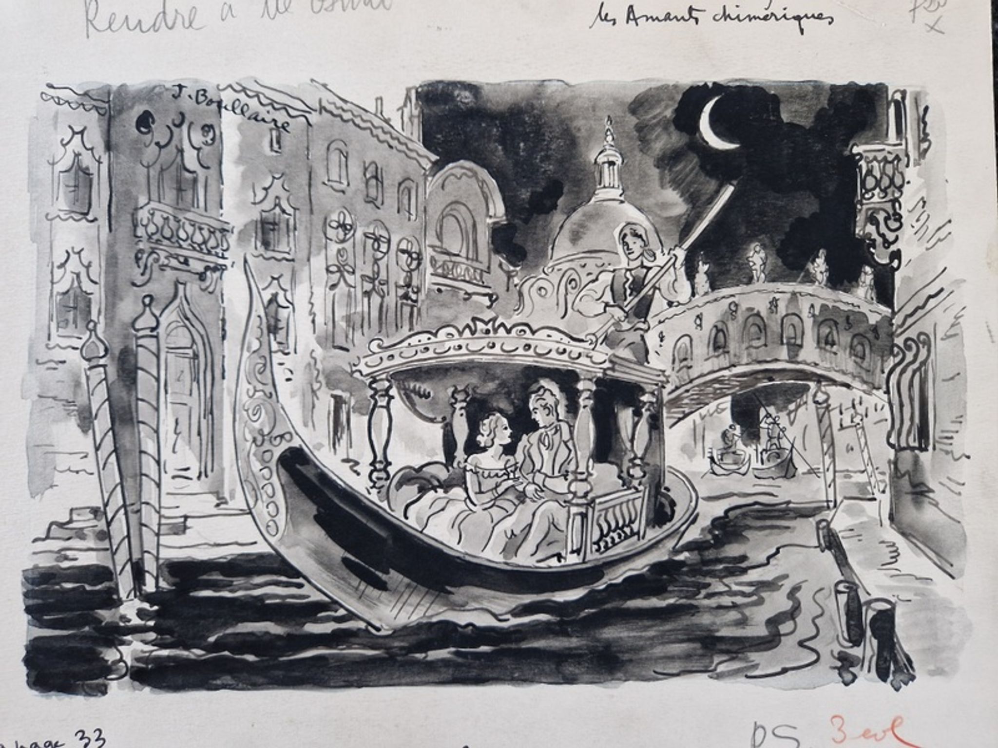 Ink and ink wash on paper - venice was in love jacques boullaire (1893-1976)