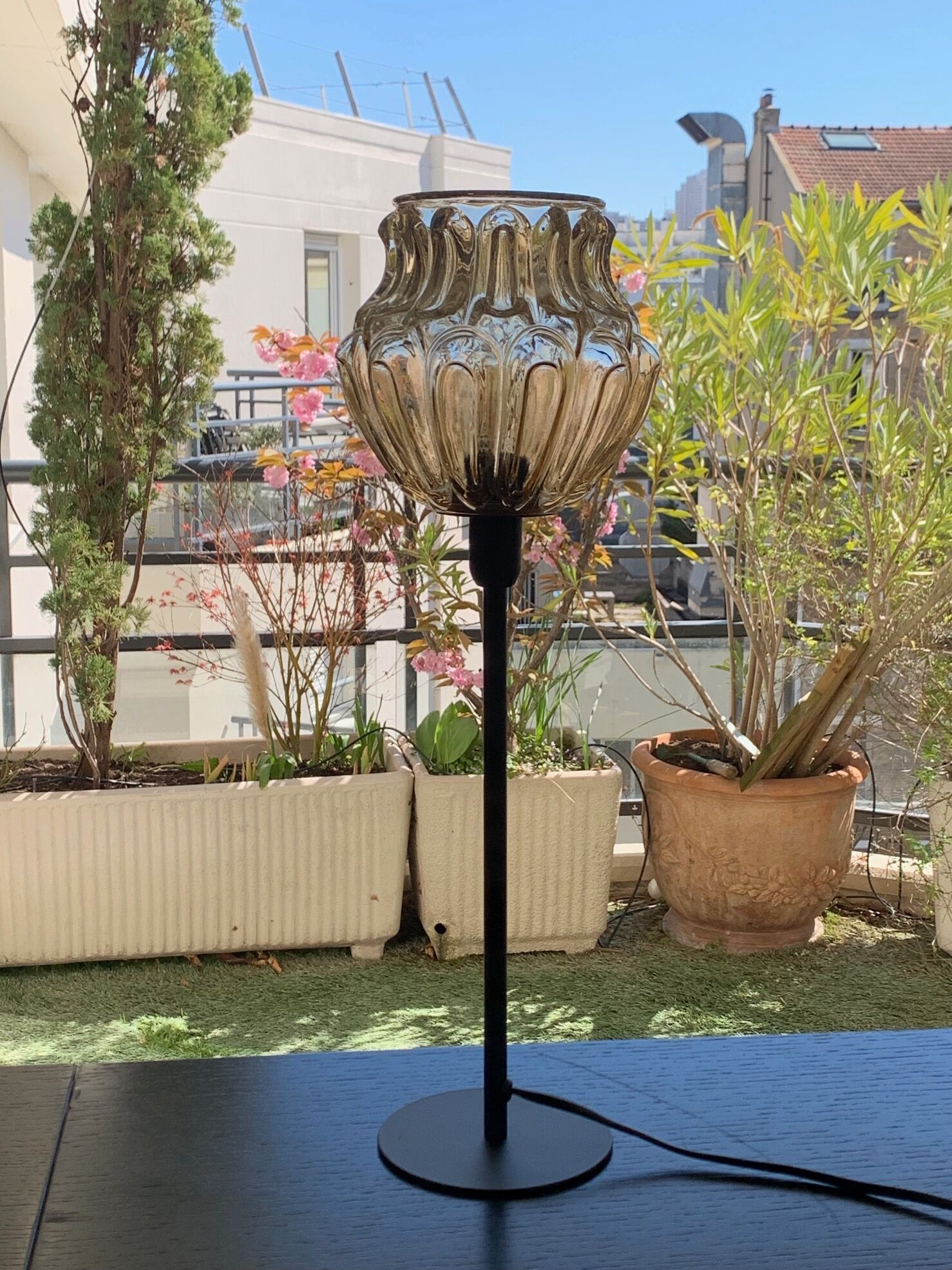 Table lamp with an old vintage golden lampshade