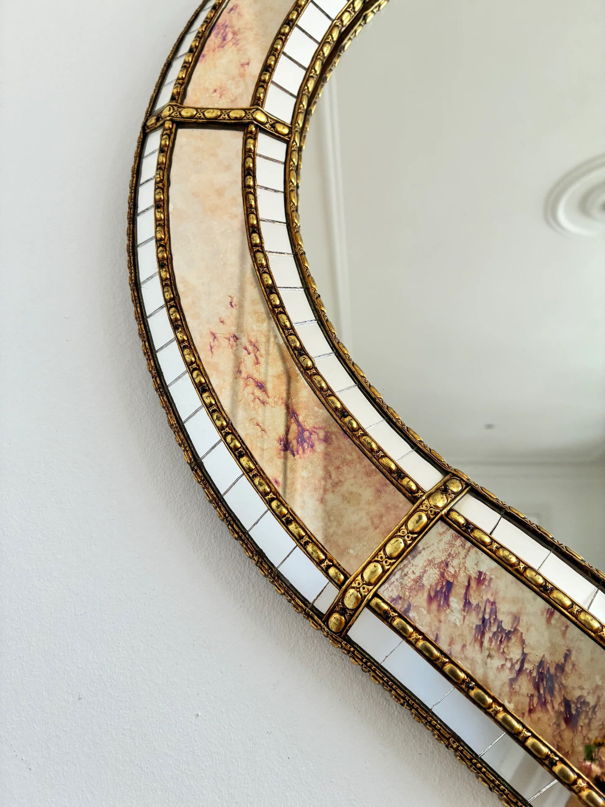 Large vintage Spanish Venetian-style wall mirror, brass, 1980s Hollywood Regency