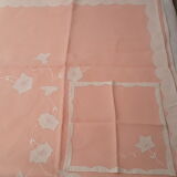 Old square rose tablecloth with 8 towels, handmade