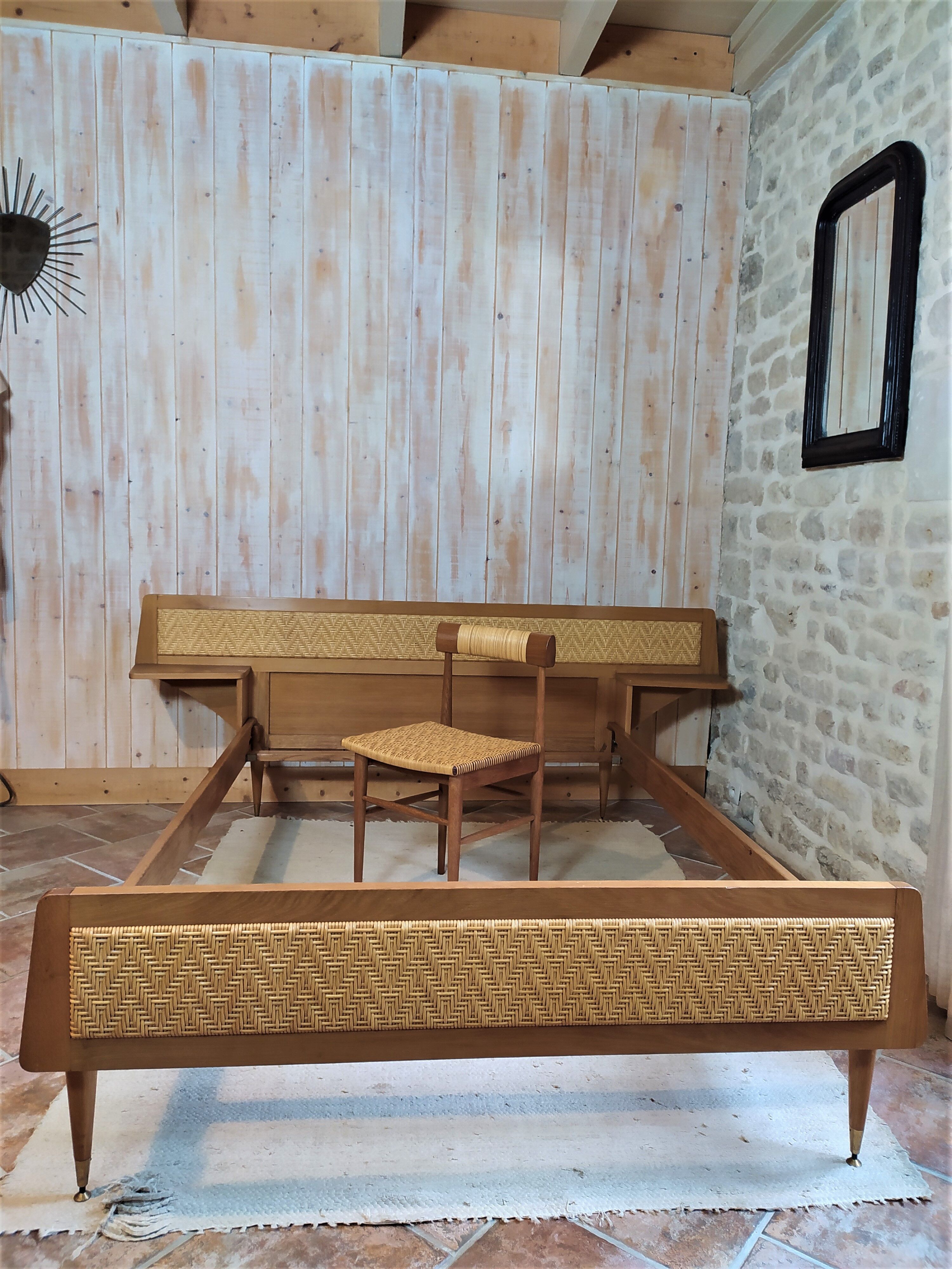 Bed and chair wood and rattan