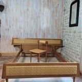 Lit et chaise bois et rotin