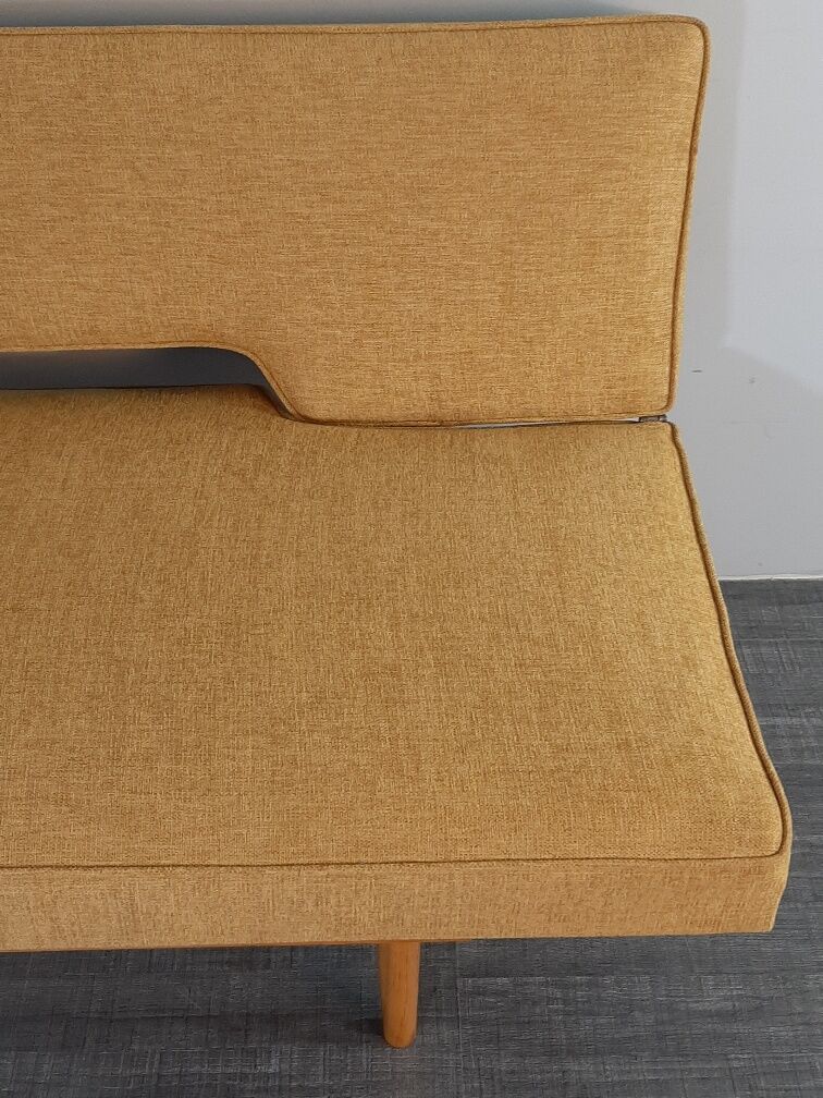 Sofa and daybed in beech and mustard fabric by Miroslav Navratil, vintage Czechoslovakia 1960s