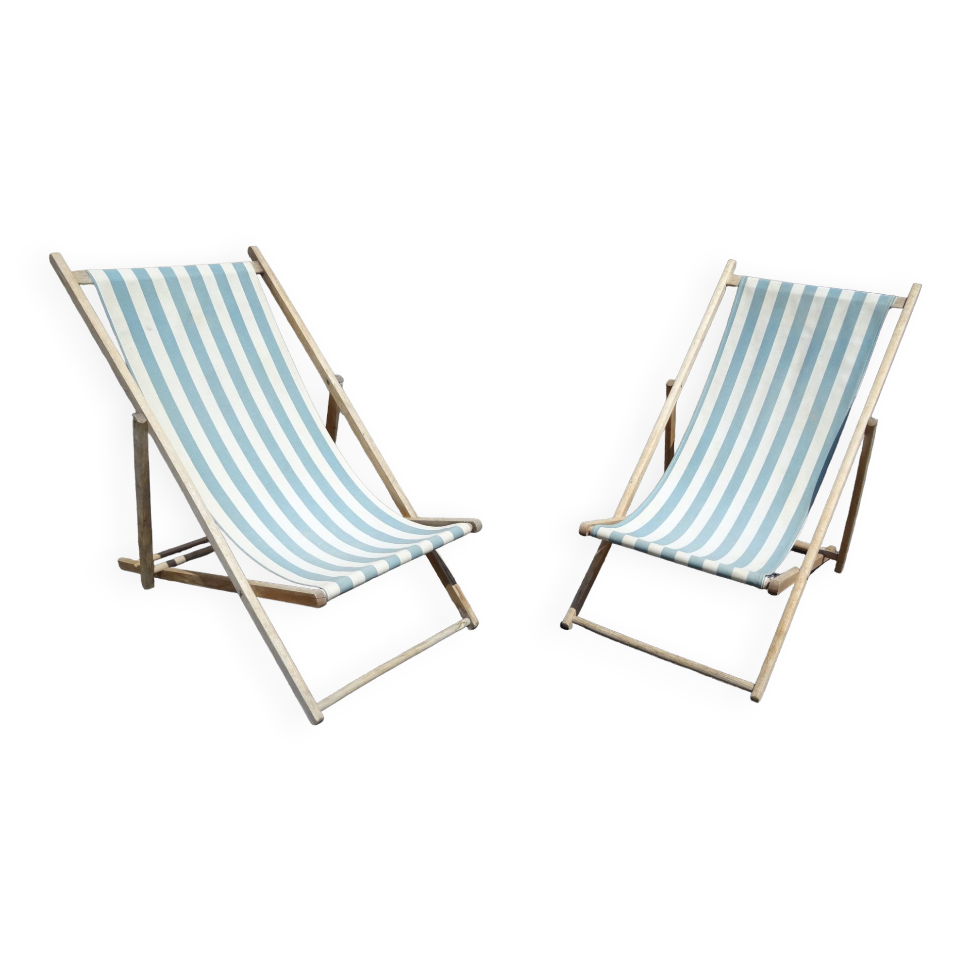 Pair of sun loungers with vintage blue blue stripes