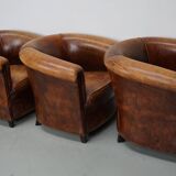 Vintage Dutch Cognac Leather Club Chairs, Set of Three