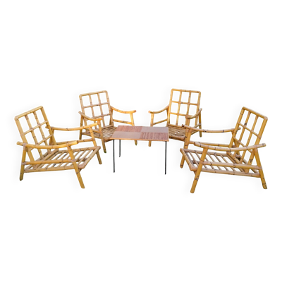 4 fauteuils en bambou et table basse vintage
