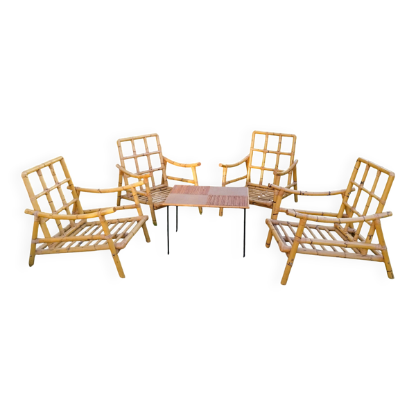 4 fauteuils en bambou et table basse vintage