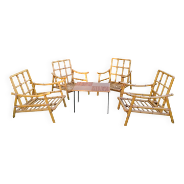 4 fauteuils en bambou et table basse vintage