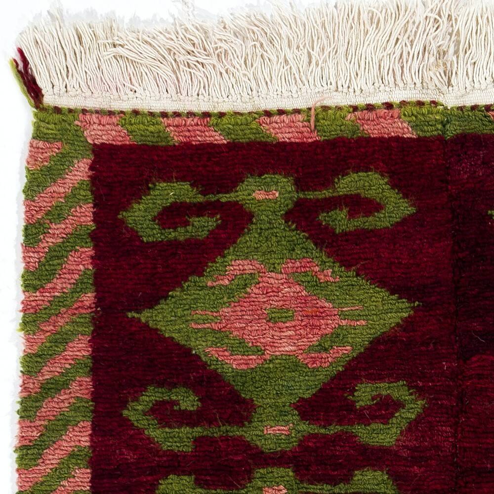 Vintage Hand-Knotted Turkish Tulu Rug with Geometric Hooked Motifs in Burgundy, Green and Pink, 100% Wool
