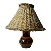 Lampe en céramique des années 50 avec un capuchon en osier