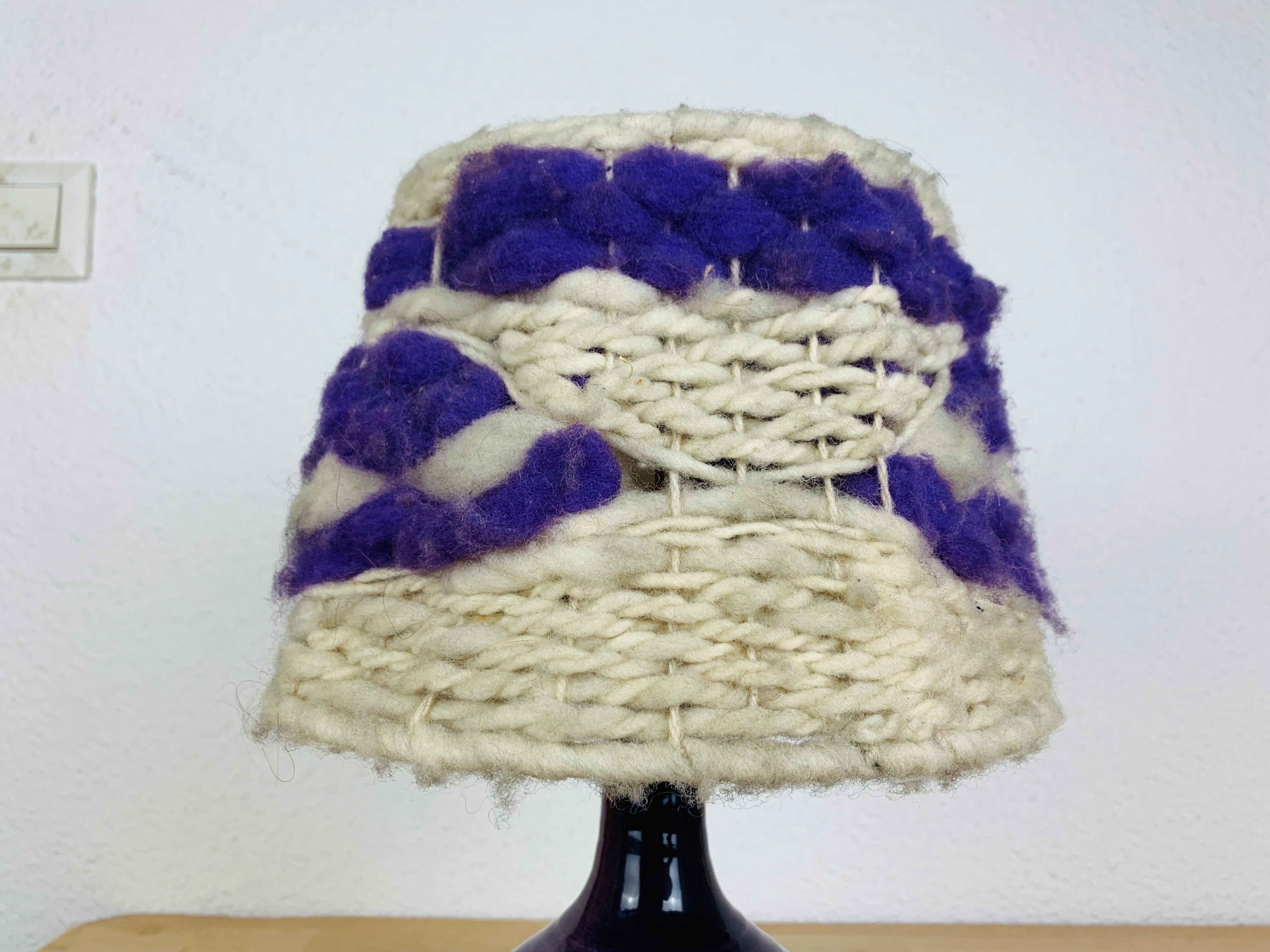 Purple ceramic lamp and wool lampshade 70s