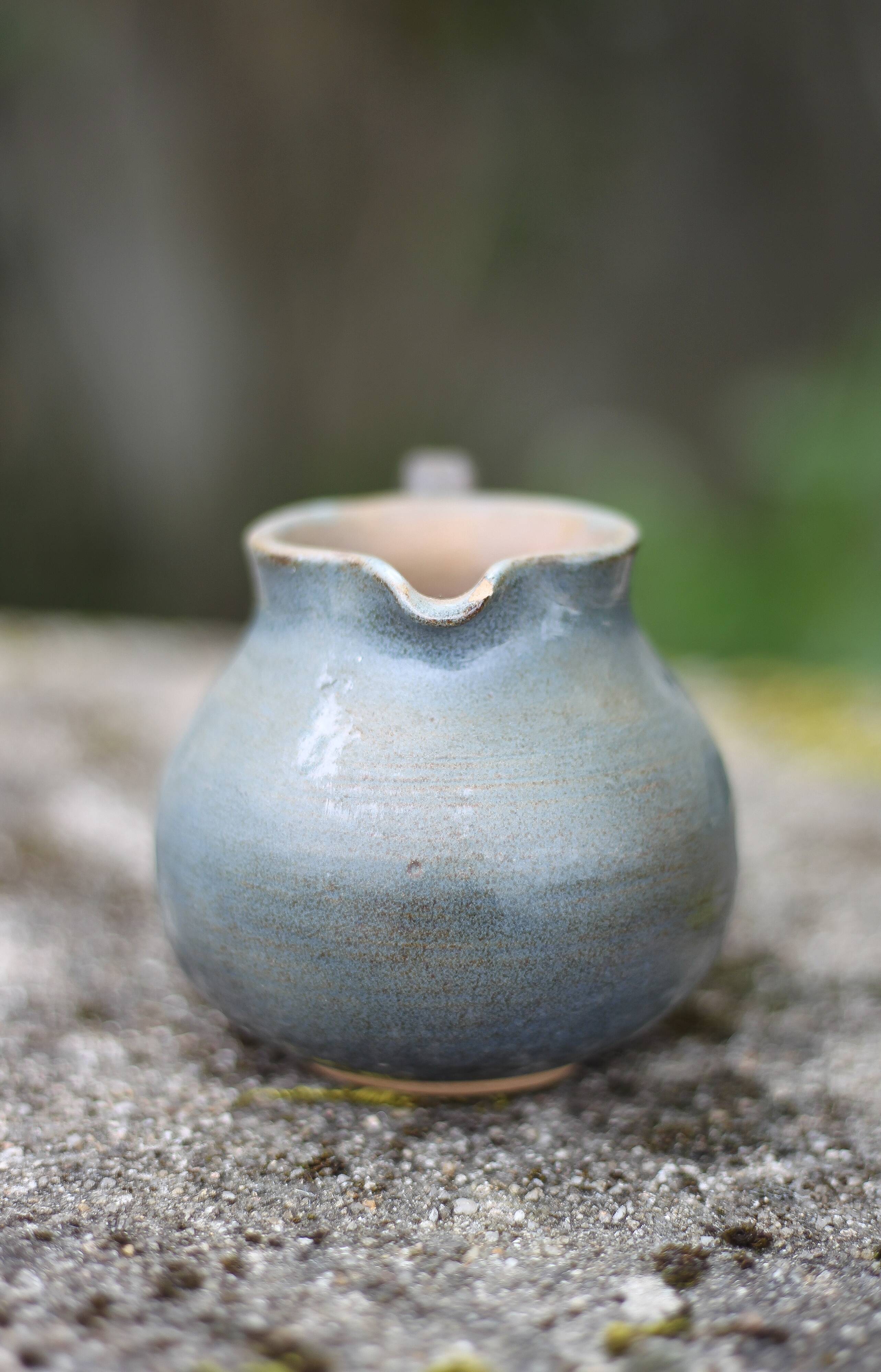 Blue glazed ceramic pitcher signed BB, vintage pitcher, small pitcher, cream pot, milk pot