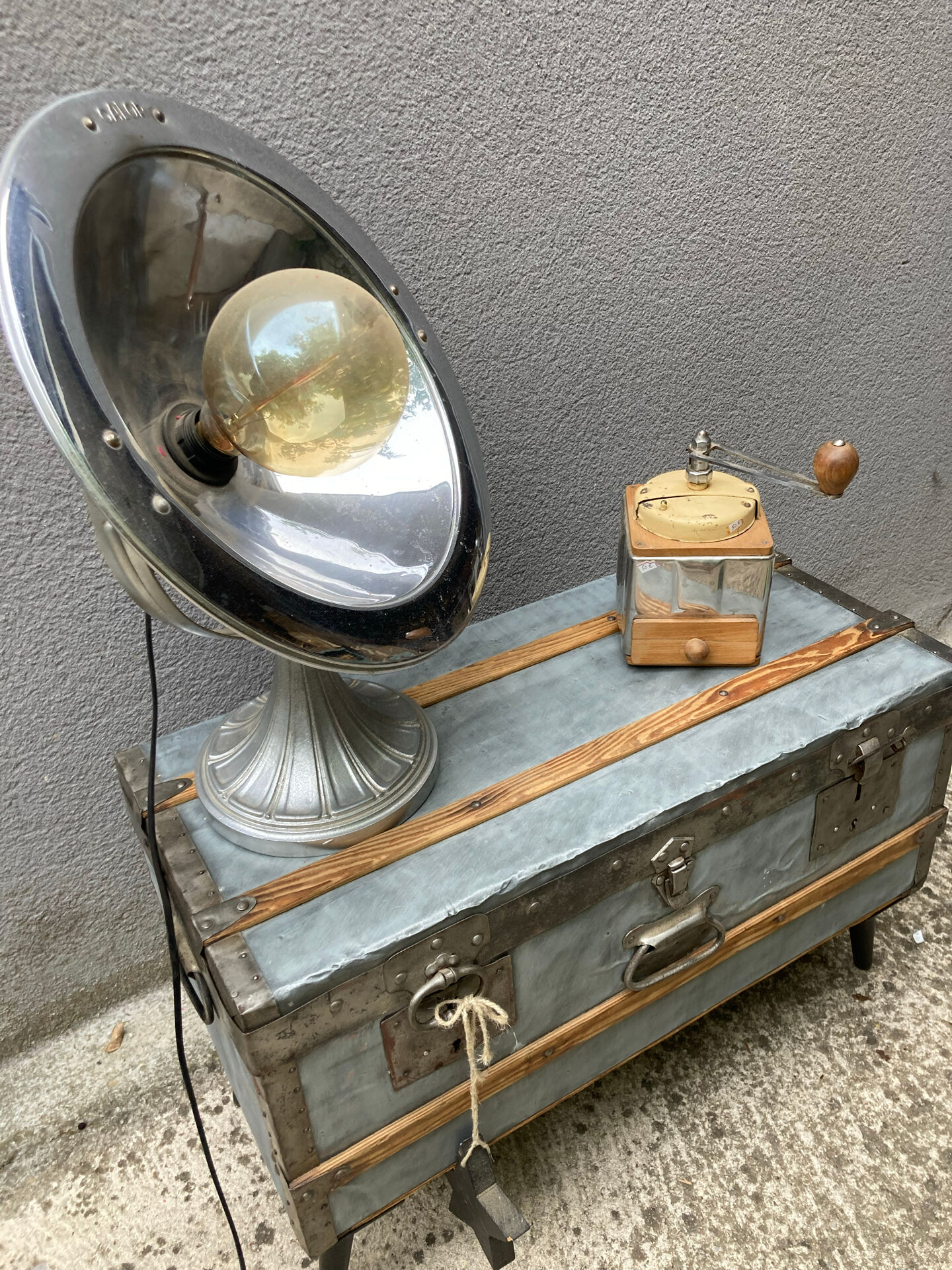 Old zinc trunk with legs, industrial console