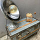 Old zinc trunk with legs, industrial console