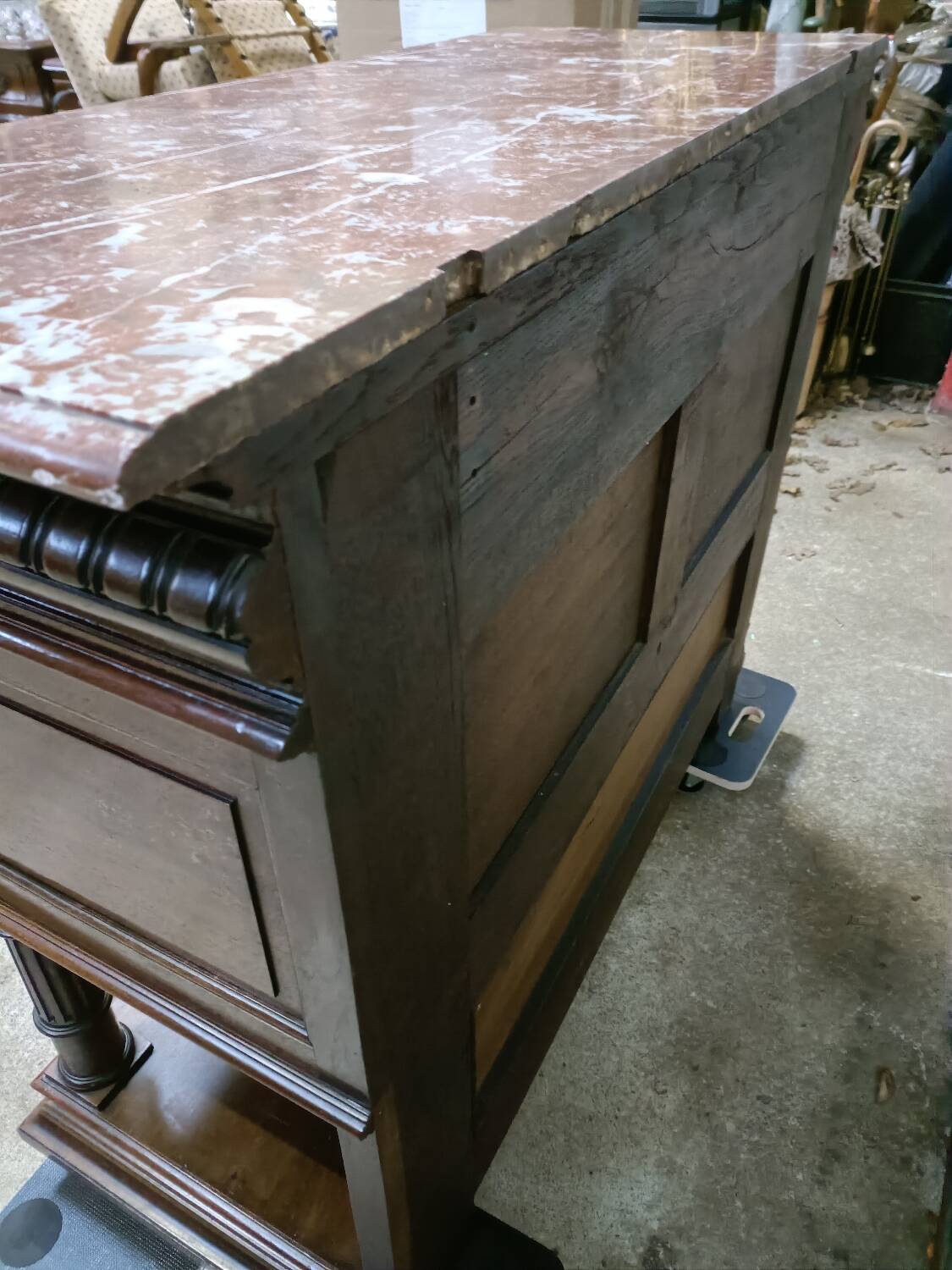 Solid walnut sideboard, Henri II style, Renaissance, with pink and white marble top