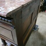 Solid walnut sideboard, Henri II style, Renaissance, with pink and white marble top