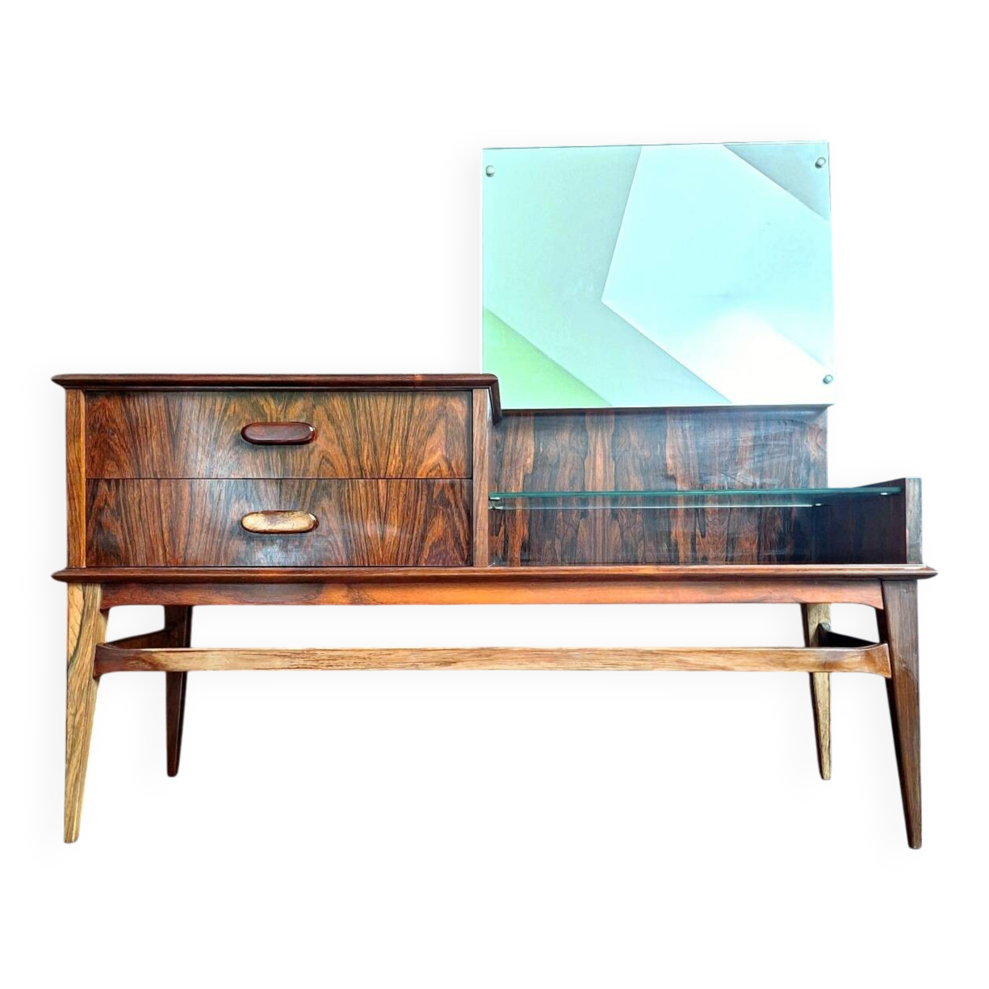 Vintage enfilade in rosewood, antique dressing table, chest of drawers.