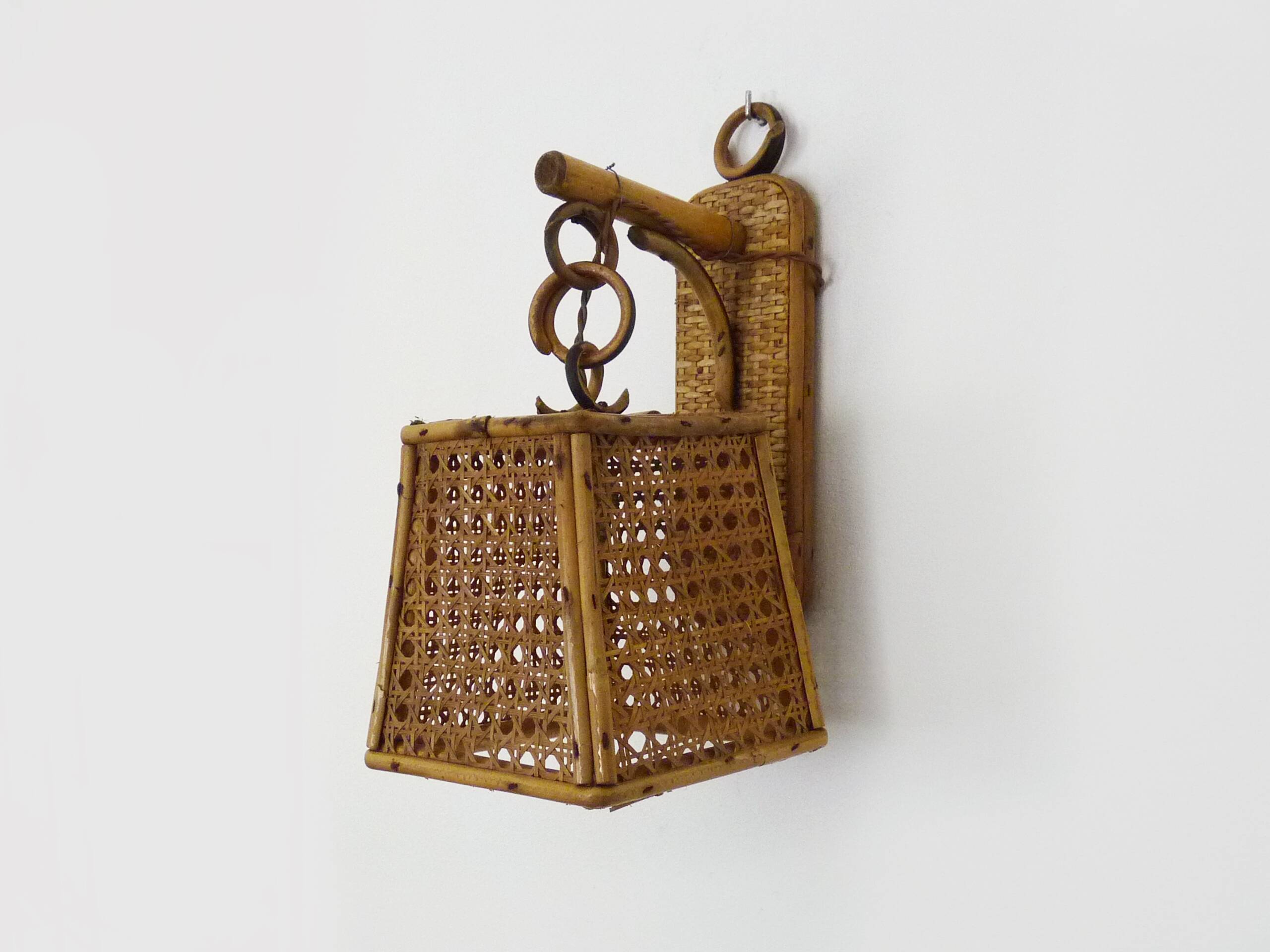 Rattan and cane lantern wall light. 1950s-1960s