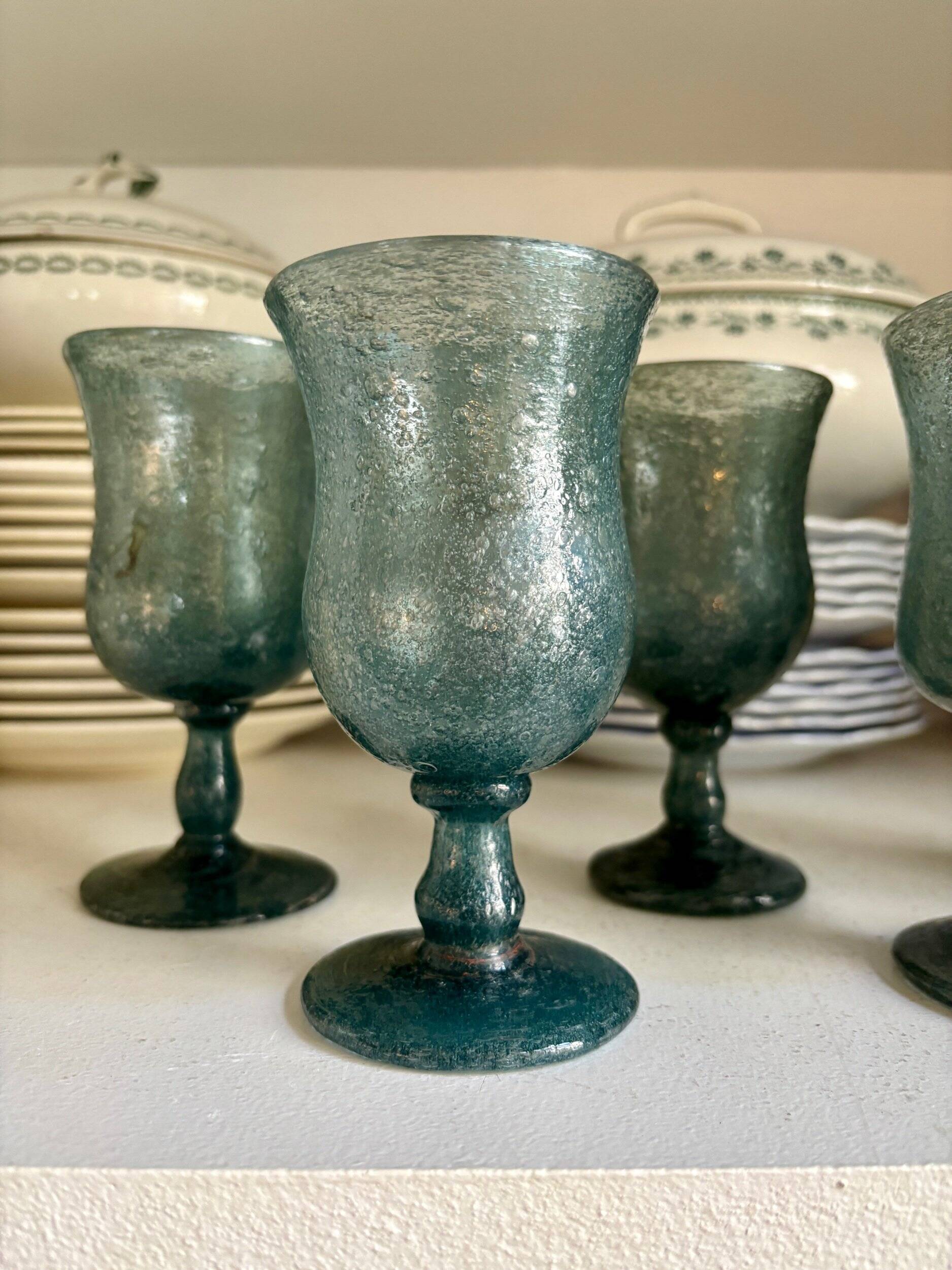 6 BIOT stemmed glasses in blue bubbled glass