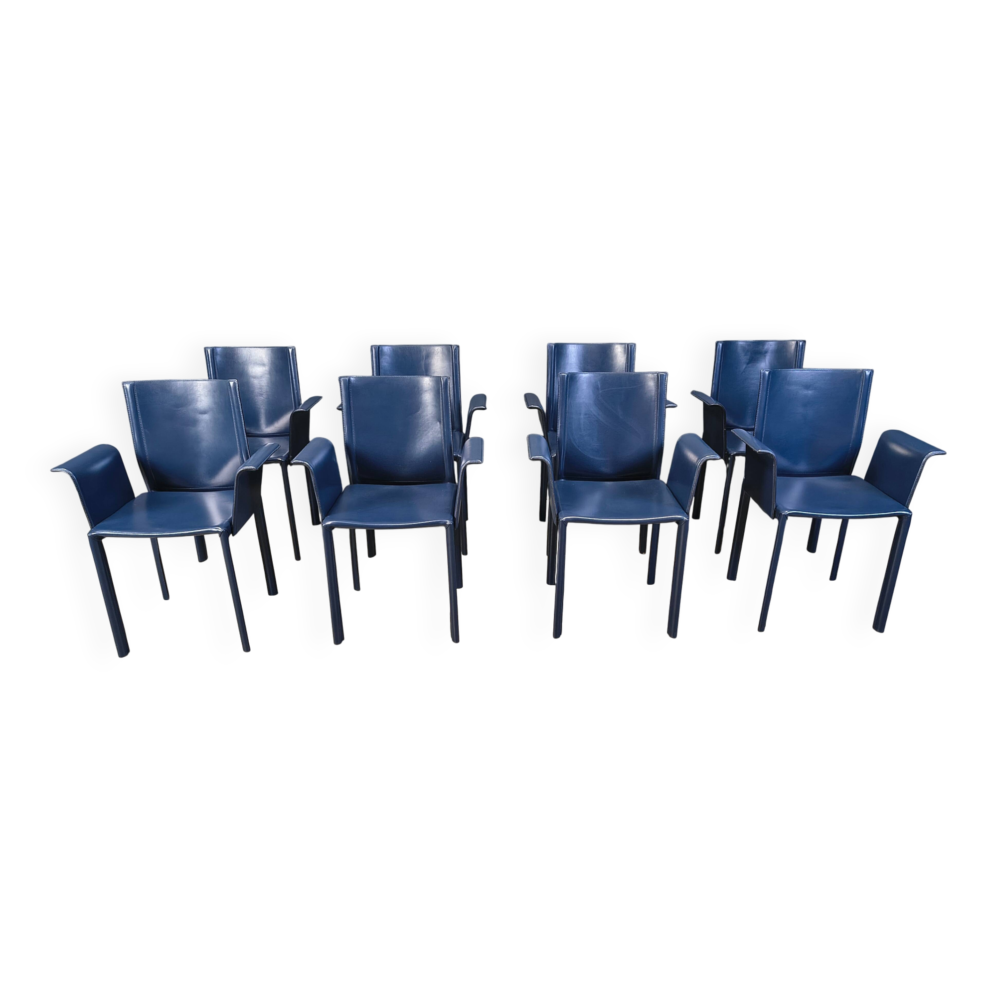 Postmodern blue leather dining chairs Italy, 1980s set of 8