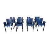 Postmodern blue leather dining chairs Italy, 1980s set of 8