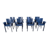 Postmodern blue leather dining chairs Italy, 1980s set of 8