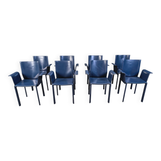 Postmodern blue leather dining chairs Italy, 1980s set of 8
