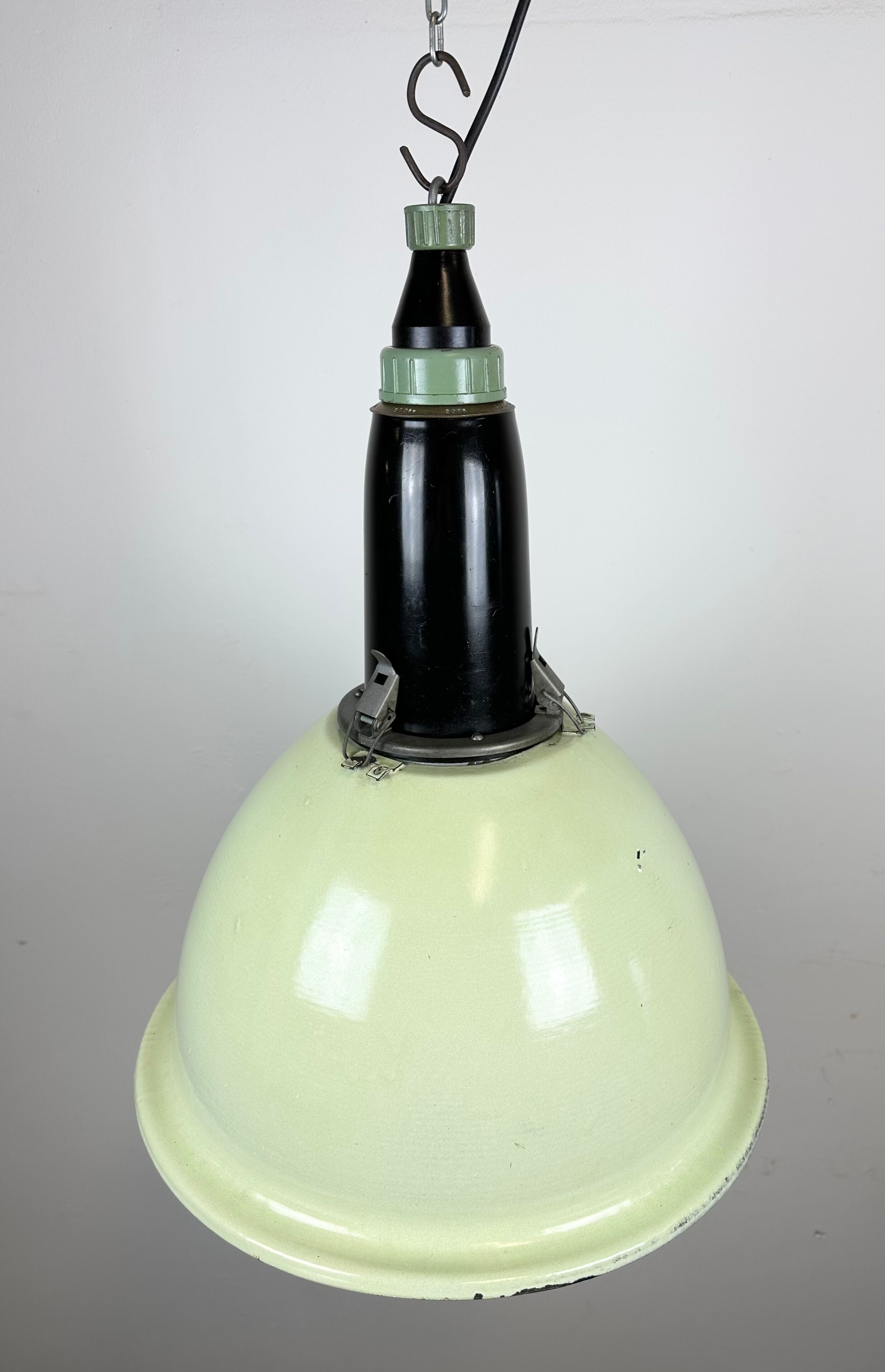 Industrial soviet light green enamel pendant lamp, 1960s