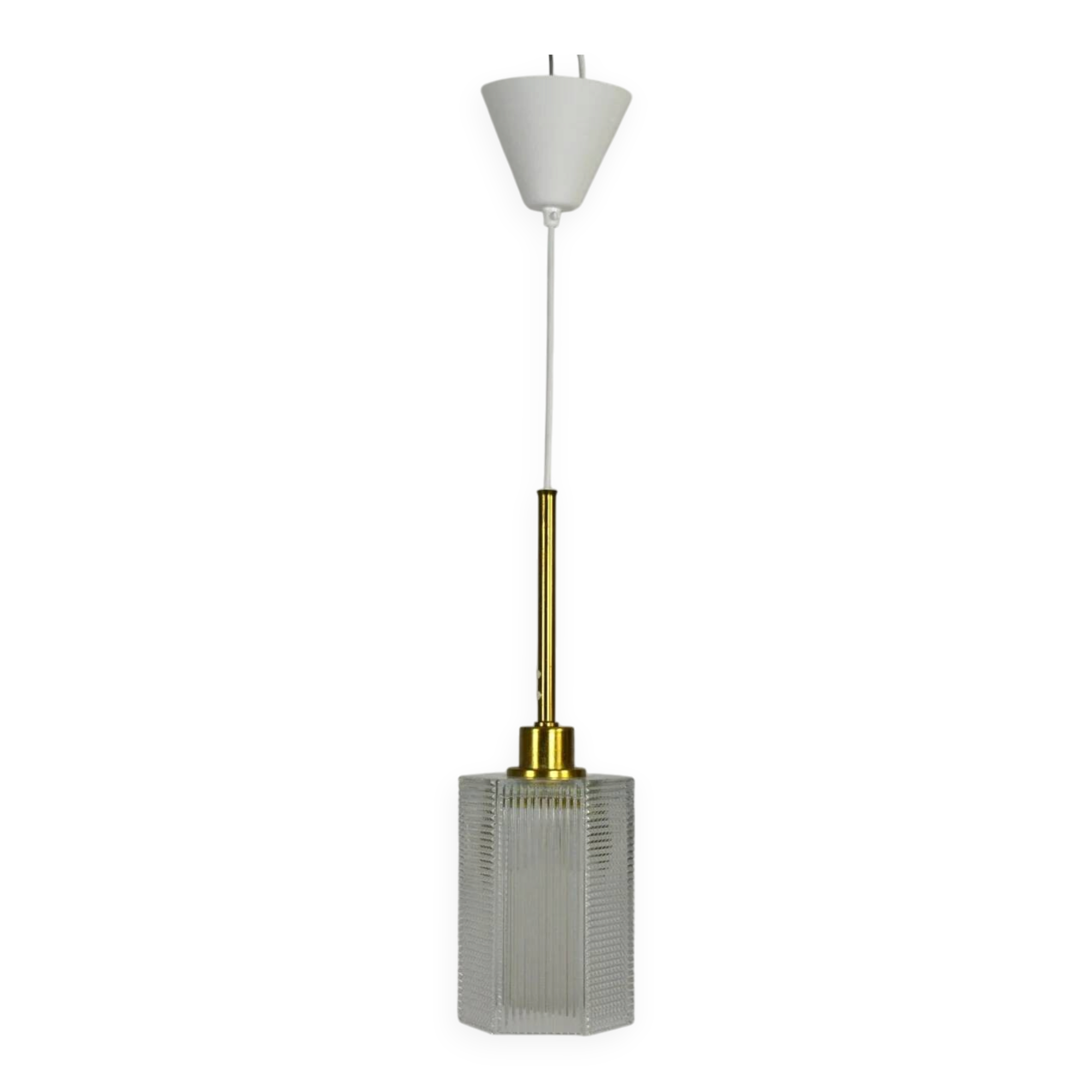 Pendant Lamp, Pressed Glass and Brass, 1960s, Sweden